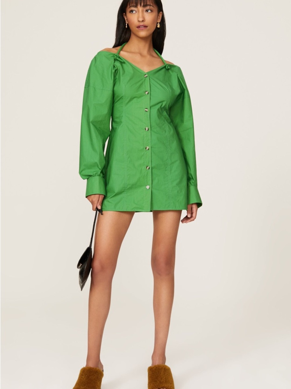 Nanushka Green Off-Shoulder Button Mini Dress